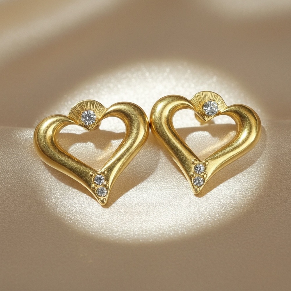 Vintage Convertible Gold Heart Earrings Rhinestone Studs 2-in-1